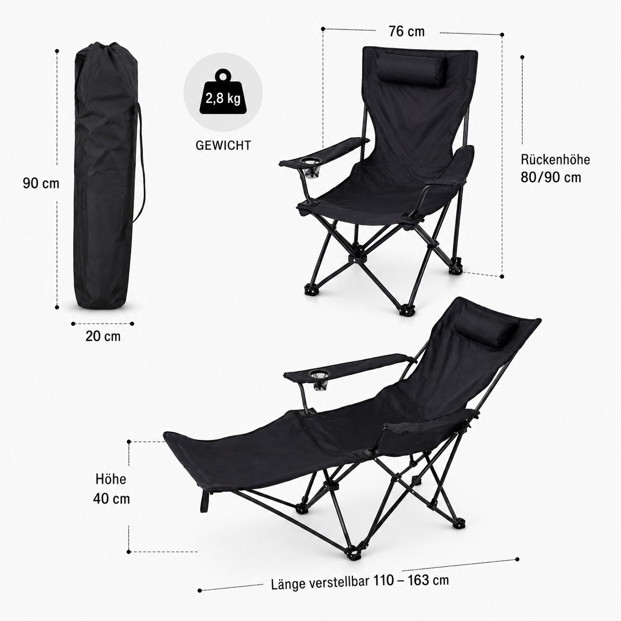 Verstellbarer Campingstuhl mit Fußablage Campingstuhl faltbar Outdoor Relaxsessel Hoher Rückenlehne 3