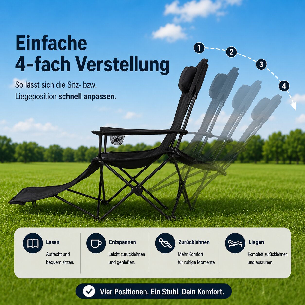 Verstellbarer Campingstuhl mit Fußablage Campingstuhl faltbar Outdoor Relaxsessel Hoher Rückenlehne 4