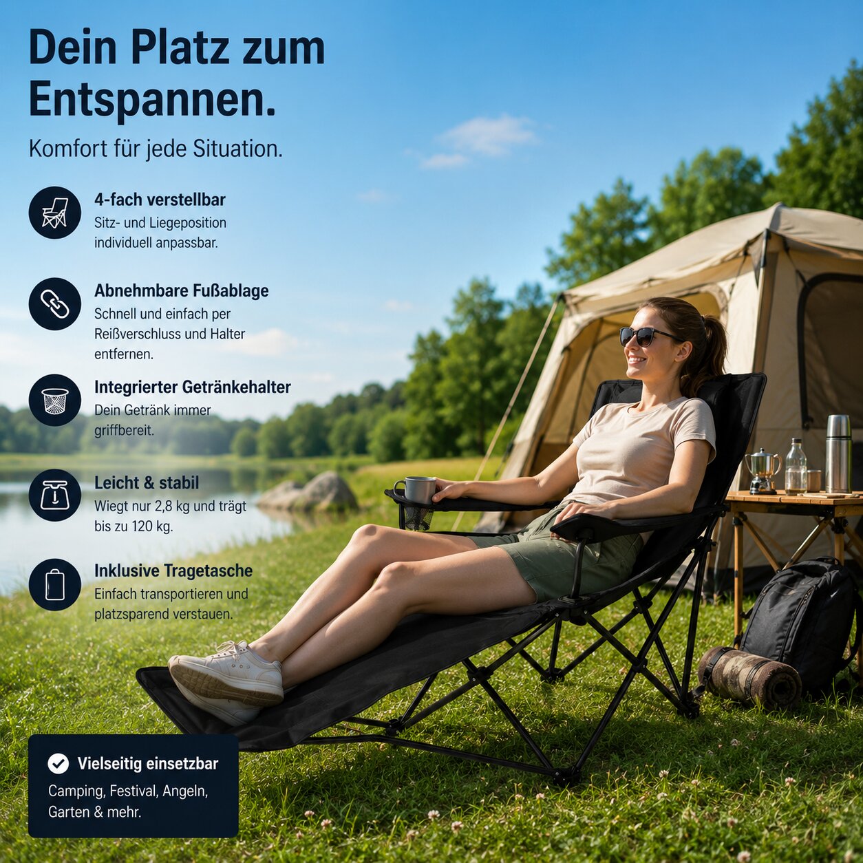 Verstellbarer Campingstuhl mit Fußablage Campingstuhl faltbar Outdoor Relaxsessel Hoher Rückenlehne 5
