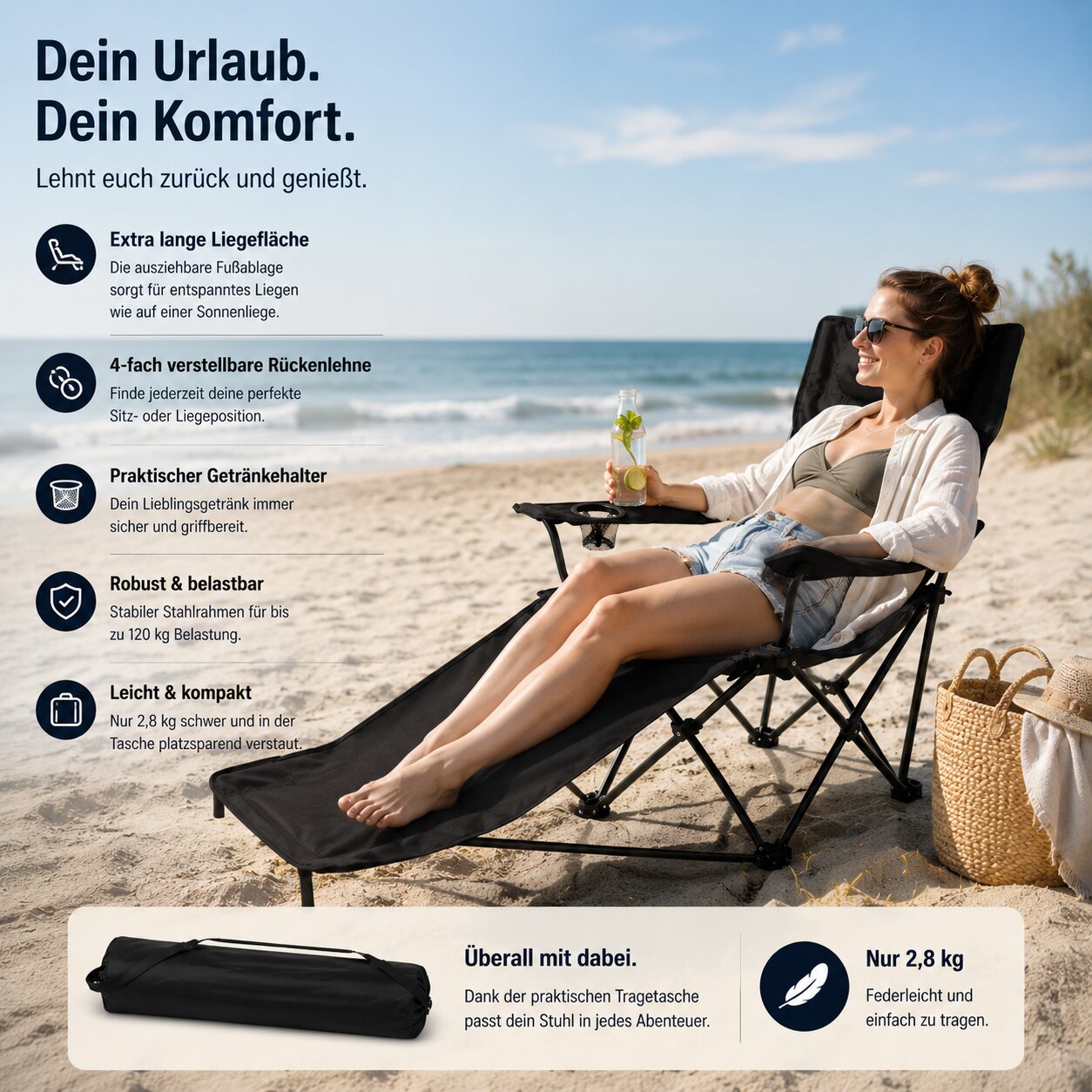 Verstellbarer Campingstuhl mit Fußablage Campingstuhl faltbar Outdoor Relaxsessel Hoher Rückenlehne 6