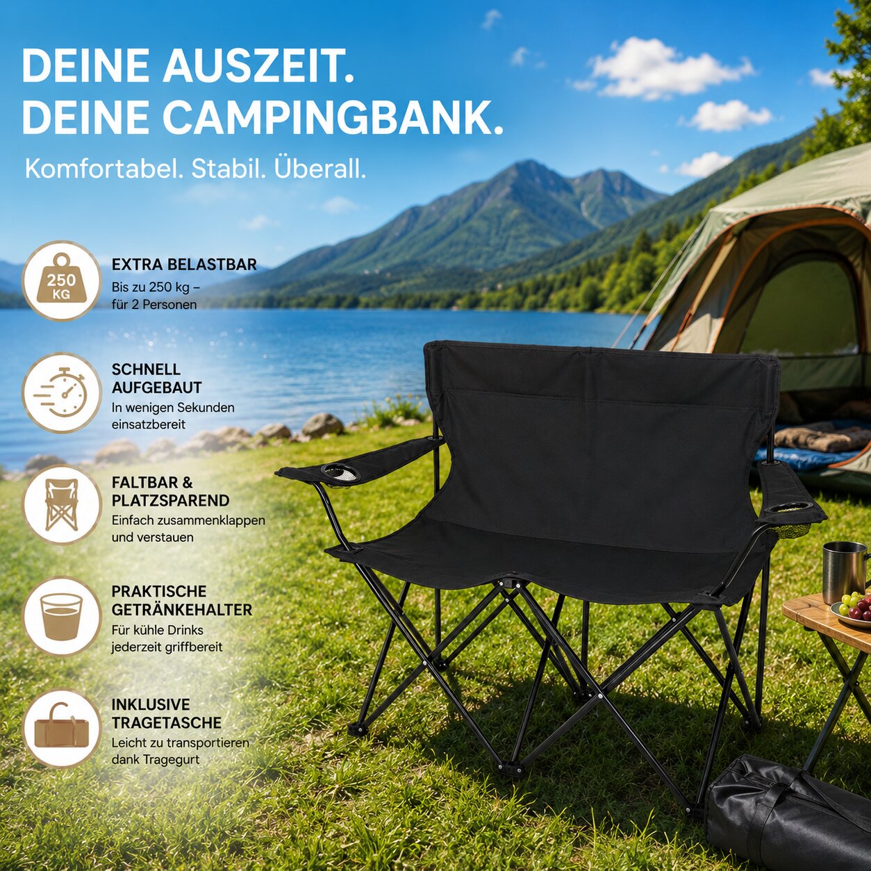 Camping Sofa faltbar Camping Bank schwarz - Campingstuhl 2 Personen Klappbar 2 Getränkehaltern 2