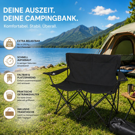 Camping Sofa faltbar Camping Bank schwarz - Campingstuhl 2 Personen Klappbar 2 Getränkehaltern 2