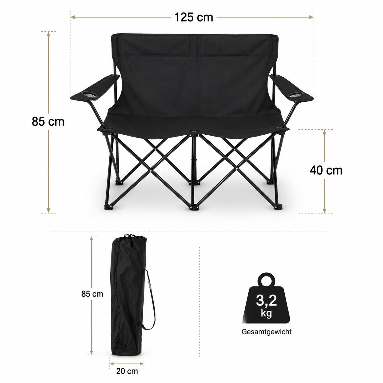 Camping Sofa faltbar Camping Bank schwarz - Campingstuhl 2 Personen Klappbar 2 Getränkehaltern 3