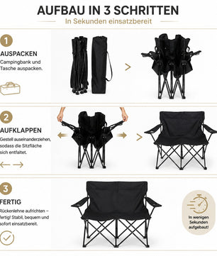 Camping Sofa faltbar Camping Bank schwarz - Campingstuhl 2 Personen Klappbar 2 Getränkehaltern 4
