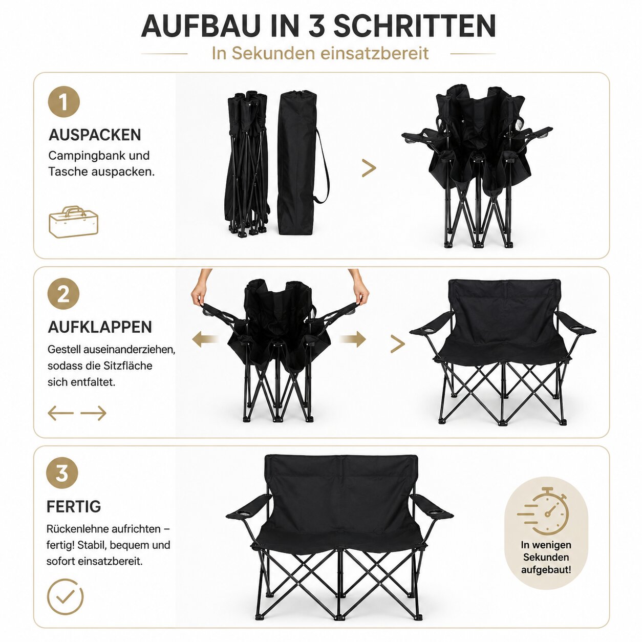 Camping Sofa faltbar Camping Bank schwarz - Campingstuhl 2 Personen Klappbar 2 Getränkehaltern 4