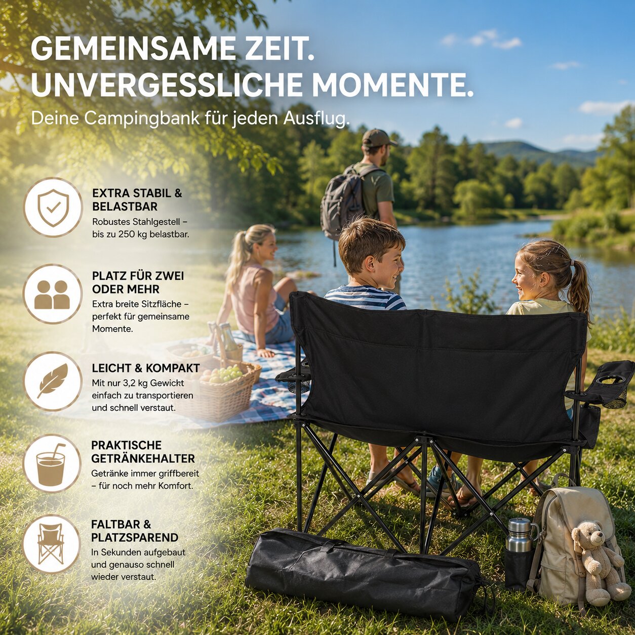 Camping Sofa faltbar Camping Bank schwarz - Campingstuhl 2 Personen Klappbar 2 Getränkehaltern 5