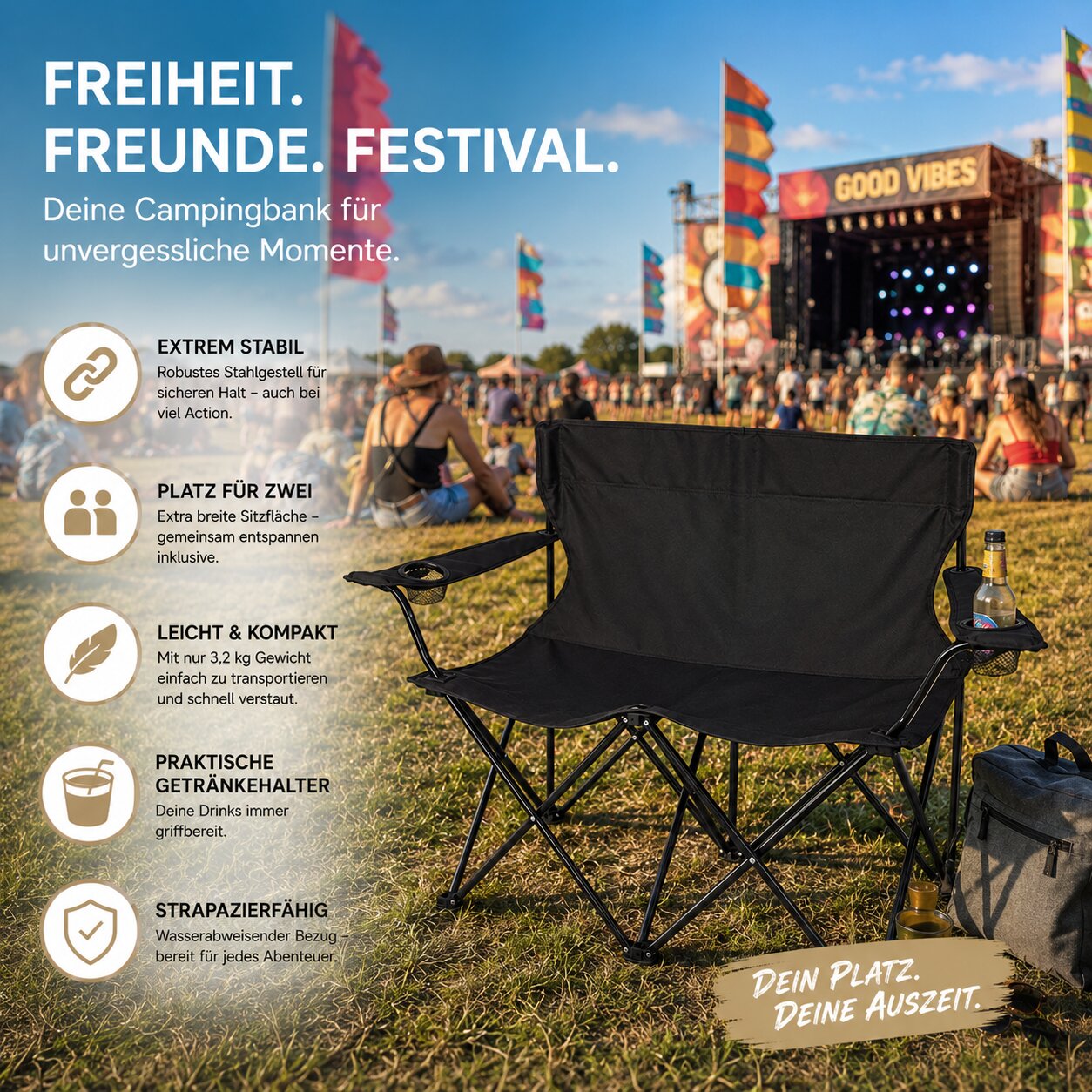 Camping Sofa faltbar Camping Bank schwarz - Campingstuhl 2 Personen Klappbar 2 Getränkehaltern 6