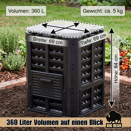 Komposter 360 Liter schwarz - für Gartenabfall und Rasenschnitt etc. - aus robustem Recyclingkunststoff mit UV-Schutz - einfachste Montage ohne Werkzeug und 4 Seiten Zugang für komfortable Entnahme M image 2
