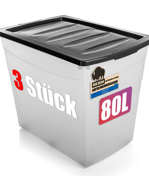 3x 80 L Aufbewahrungsbox mit Deckel und Rollen groß Budget Line Plastikbox mit Deckel XXL