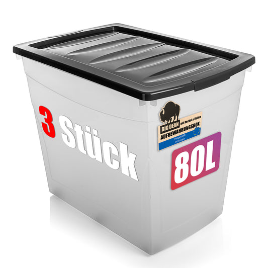 BigDean 3x 80 L Aufbewahrungsbox mit Deckel und Rollen groß Budget Line Plastikbox mit Deckel XXL image 1
