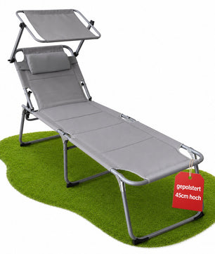 Sonnenliege klappbar gepolstert mit Kopfkissen & Sonnendach grau bis 150kg 193x59x45cm extra hoch