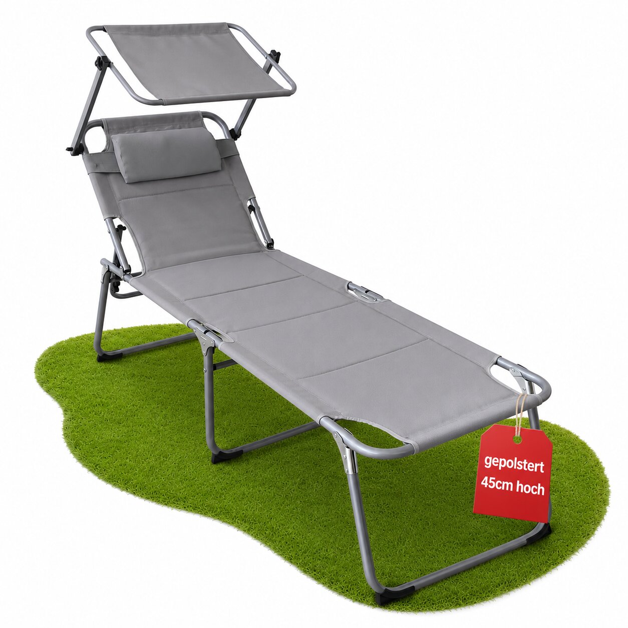 Sonnenliege klappbar gepolstert mit Kopfkissen & Sonnendach grau bis 150kg 193x59x45cm extra hoch