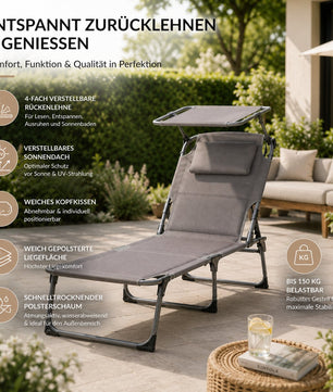 Sonnenliege klappbar gepolstert mit Kopfkissen & Sonnendach grau bis 150kg 193x59x45cm extra hoch 2