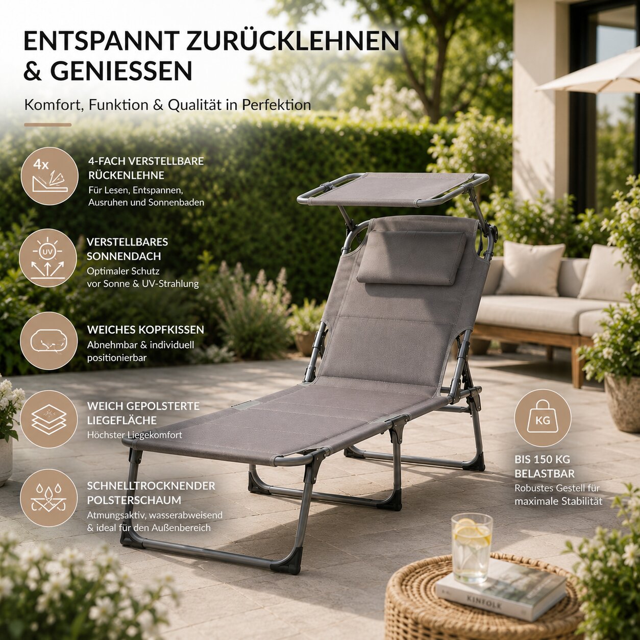 Sonnenliege klappbar gepolstert mit Kopfkissen & Sonnendach grau bis 150kg 193x59x45cm extra hoch 2