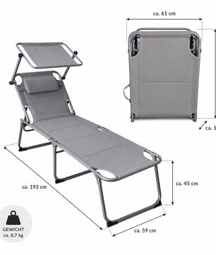 Sonnenliege klappbar gepolstert mit Kopfkissen & Sonnendach grau bis 150kg 193x59x45cm extra hoch 3