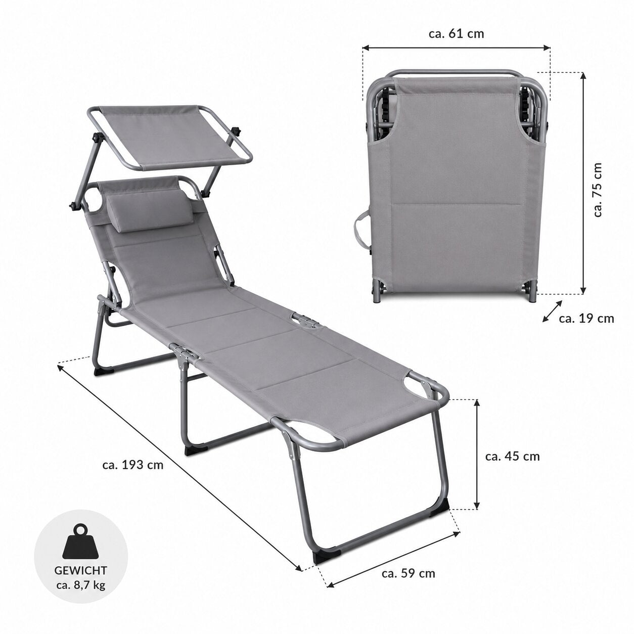 Sonnenliege klappbar gepolstert mit Kopfkissen & Sonnendach grau bis 150kg 193x59x45cm extra hoch 3