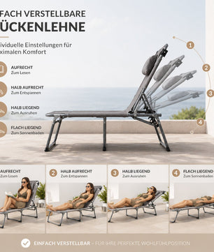 Sonnenliege klappbar gepolstert mit Kopfkissen & Sonnendach grau bis 150kg 193x59x45cm extra hoch 4