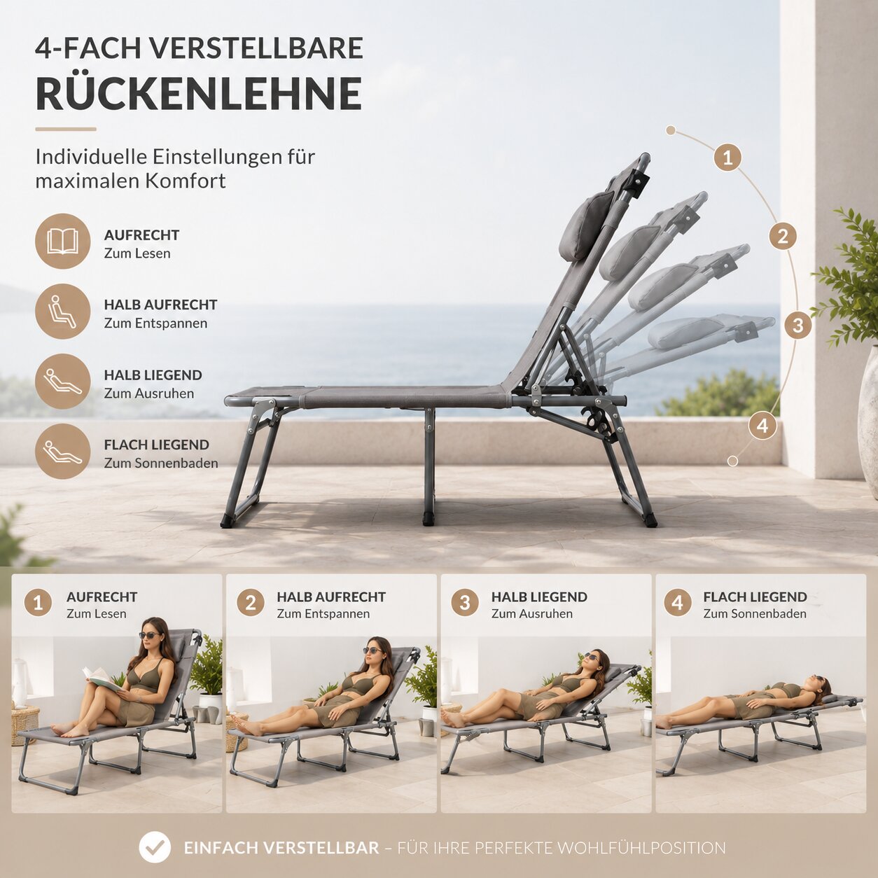 Sonnenliege klappbar gepolstert mit Kopfkissen & Sonnendach grau bis 150kg 193x59x45cm extra hoch 4