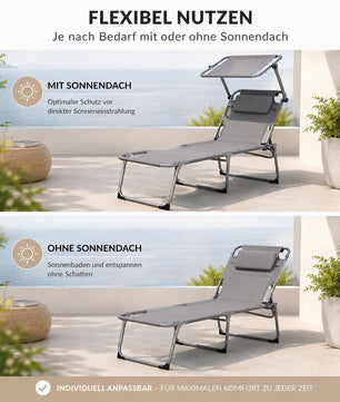 Sonnenliege klappbar gepolstert mit Kopfkissen & Sonnendach grau bis 150kg 193x59x45cm extra hoch 5