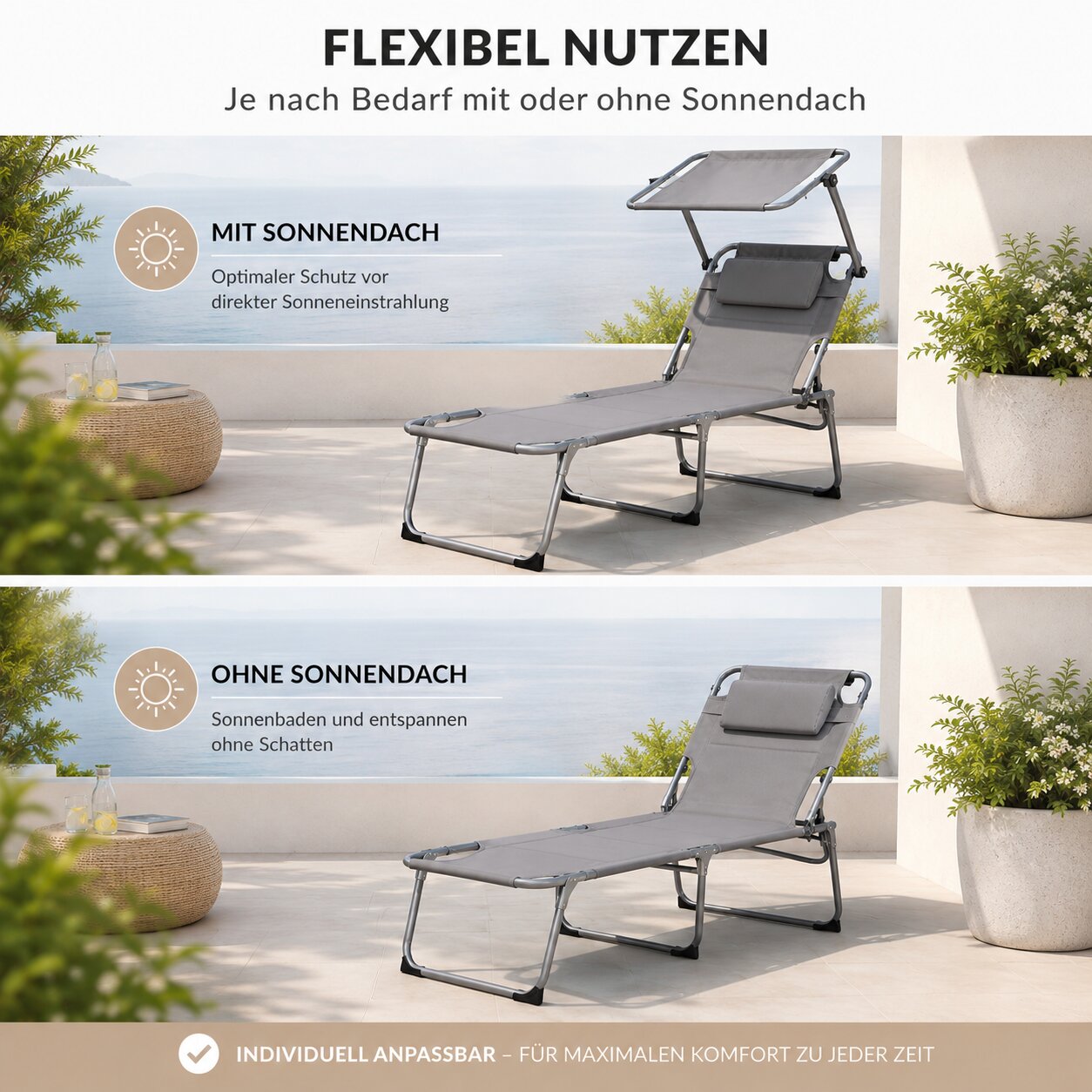 Sonnenliege klappbar gepolstert mit Kopfkissen & Sonnendach grau bis 150kg 193x59x45cm extra hoch 5