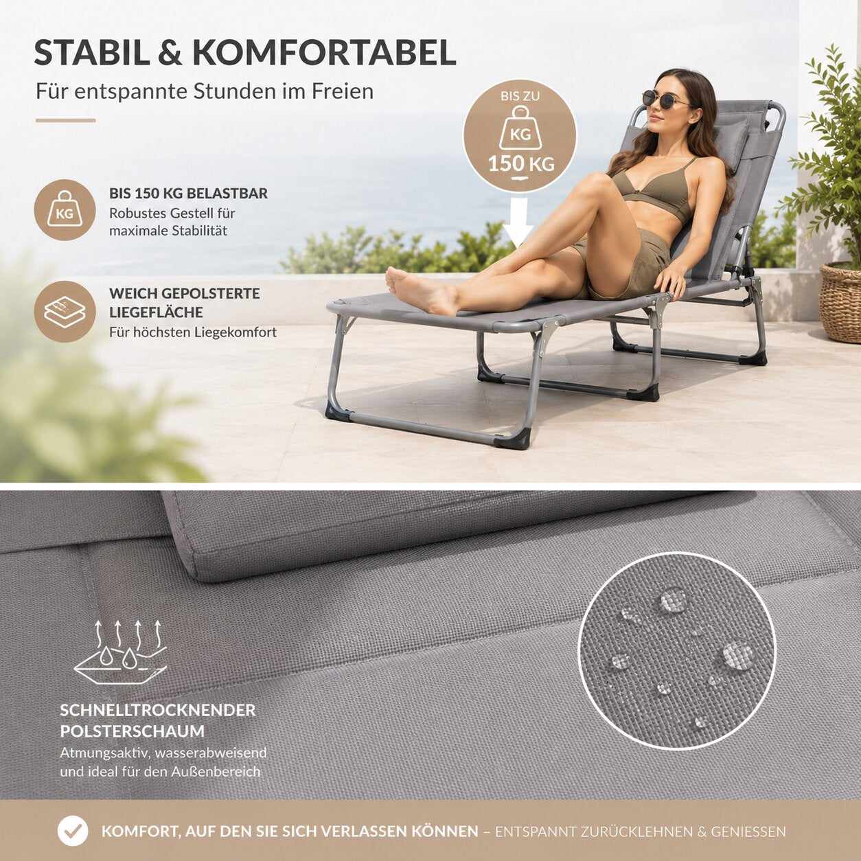 Sonnenliege klappbar gepolstert mit Kopfkissen & Sonnendach grau bis 150kg 193x59x45cm extra hoch 6