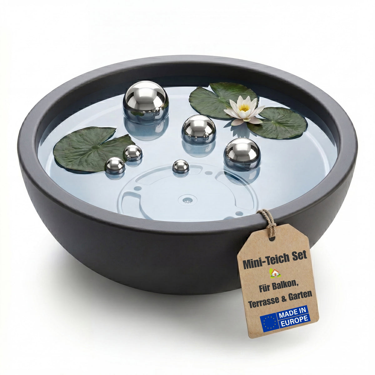 Miniteich Brunnen Set Schale mit Teichkugeln innen und außen Komplettset 39cm Durchmeseser image 1