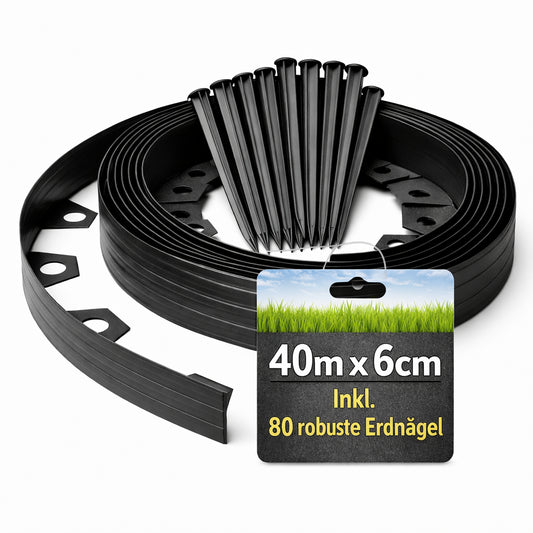 BigDean Flexible Rasenkante 40 m x 6 cm Komplettset – inkl. 80 Erdnägeln 400 Ösen flexibel & langlebige Beeteinfassung mit optimaler Höhe ideal für Kieswege Rollrasen Rindenmulch Beete und Rasenkanten image 1