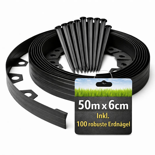 BigDean Flexible Rasenkante 50 m x 6 cm Komplettset – inkl. 100 Erdnägeln 500 Ösen flexibel & langlebige Beeteinfassung mit optimaler Höhe ideal für Kieswege Rollrasen Rindenmulch Beete und Rasenkante image 1
