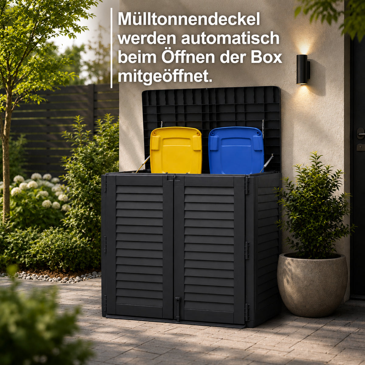 Mülltonnenbox für 2 Mülltonnen mit Gasdruckfeder & abschließbar & wetterfest - Box für Mülltonnen Mülltonnenunterstand image 4