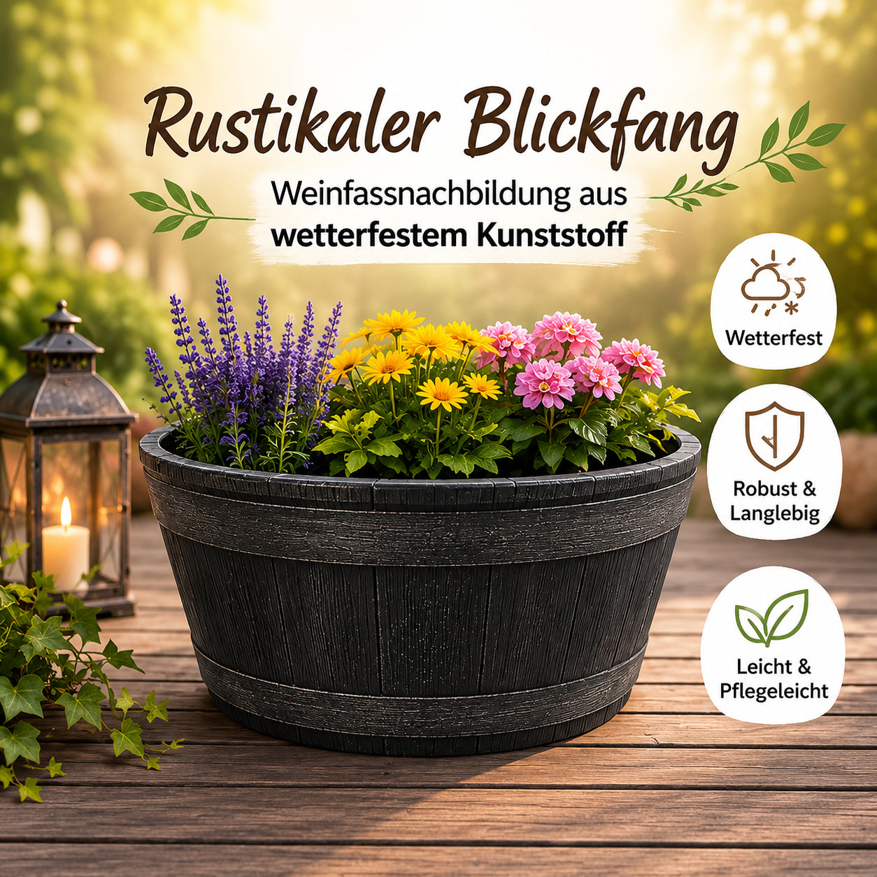 Weinfass Pflanzkübel Fass zum Bepflanzen Blumenfass Kunststoff Holz-Optik 5