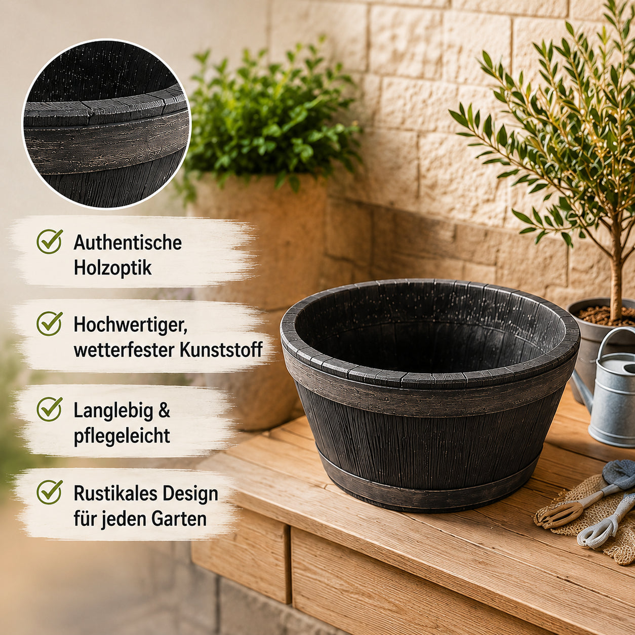 Weinfass Pflanzkübel Fass zum Bepflanzen Blumenfass Kunststoff Holz-Optik 6