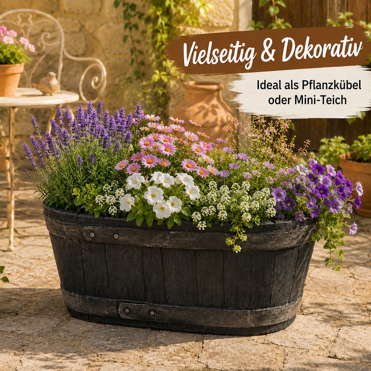 Weinfass Eichenfass Oval Kunststoff Gartenteich Teich Fass Nachbildung Länge 61 cm Breite 34 cm Höhe 25 cm 3