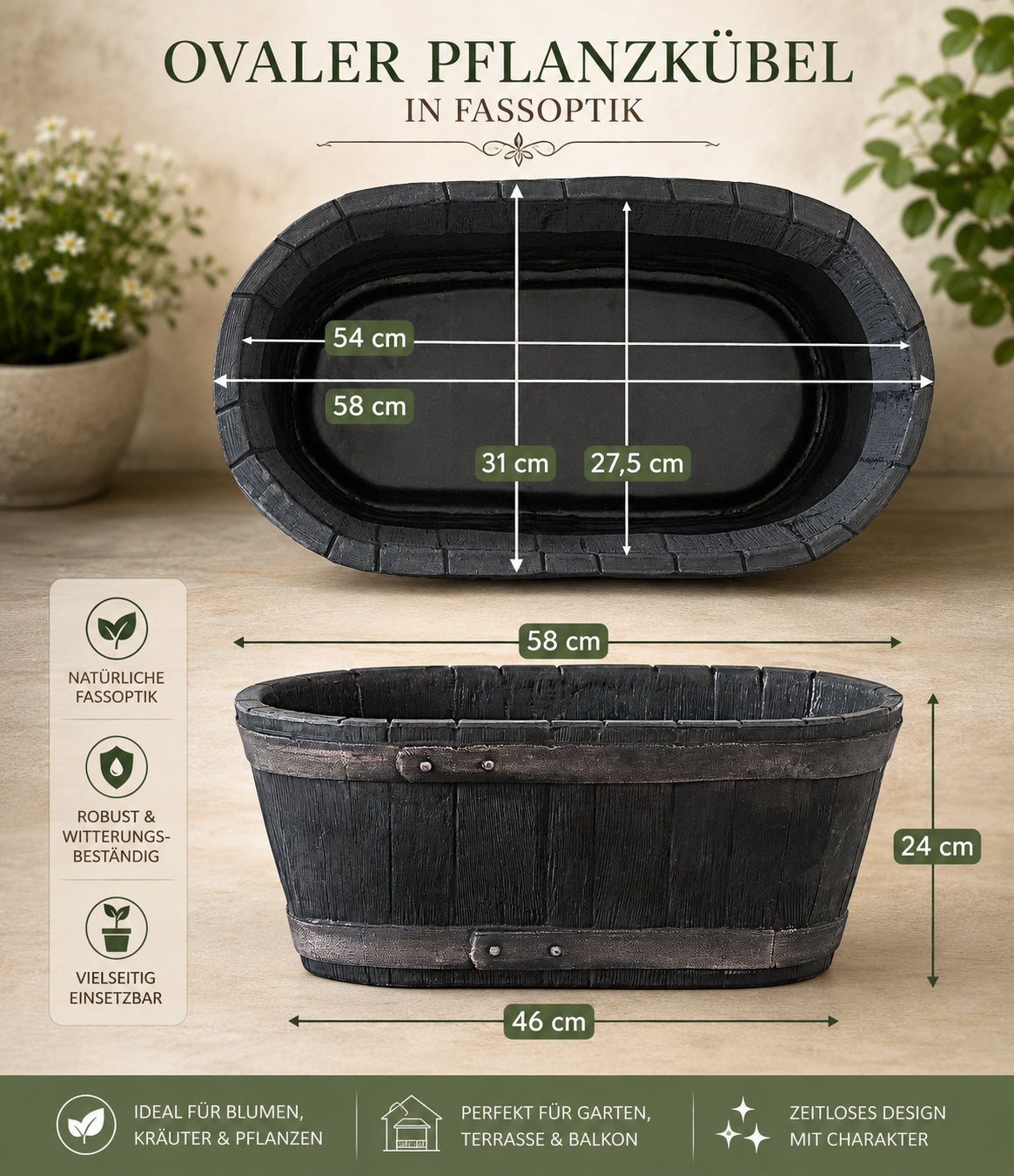 Weinfass Eichenfass Oval Kunststoff Gartenteich Teich Fass Nachbildung Länge 61 cm Breite 34 cm Höhe 25 cm 4