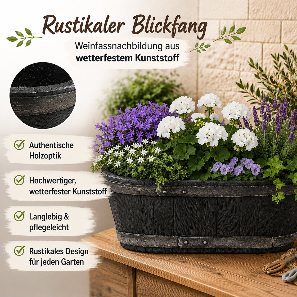 Weinfass Eichenfass Oval Kunststoff Gartenteich Teich Fass Nachbildung Länge 61 cm Breite 34 cm Höhe 25 cm 6