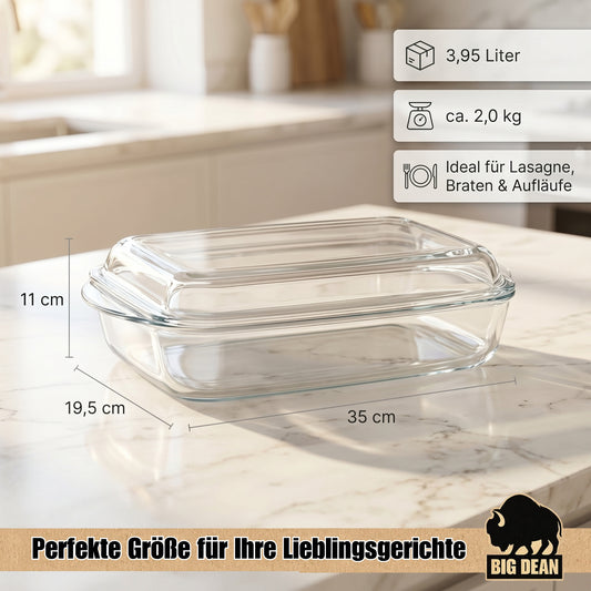 Auflaufform mit Deckel 3,95L – rechteckige Glasauflaufform, hitzebeständig & feuerfest – Ofenform für Lasagne, Fleisch & Aufläufe image 2