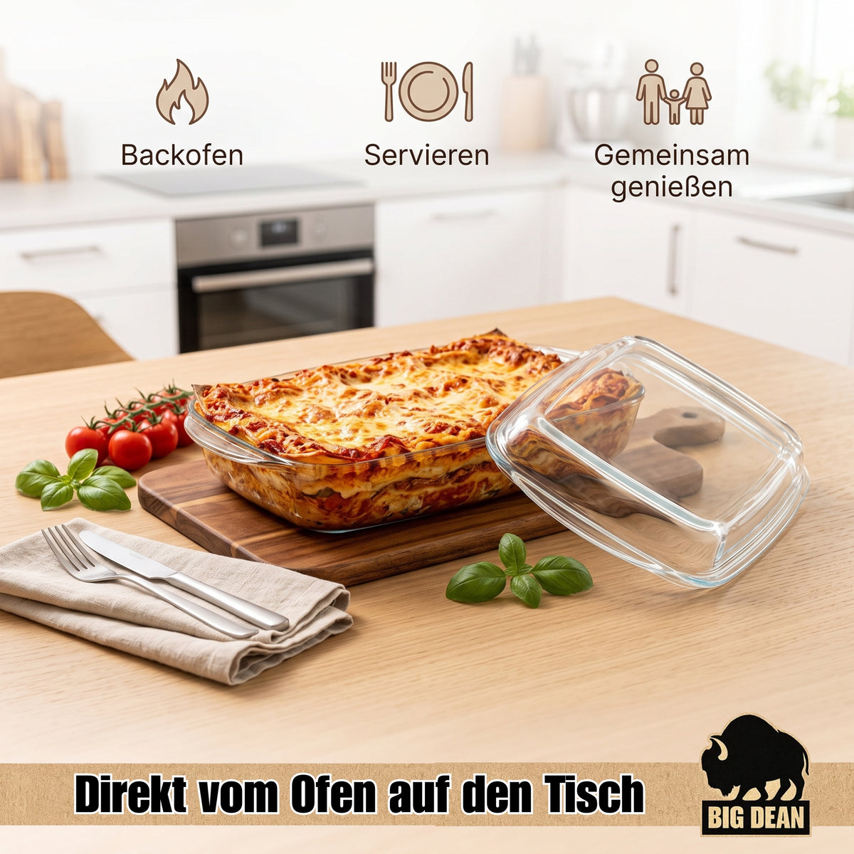 Auflaufform mit Deckel 3,95L – rechteckige Glasauflaufform, hitzebeständig & feuerfest – Ofenform für Lasagne, Fleisch & Aufläufe image 3