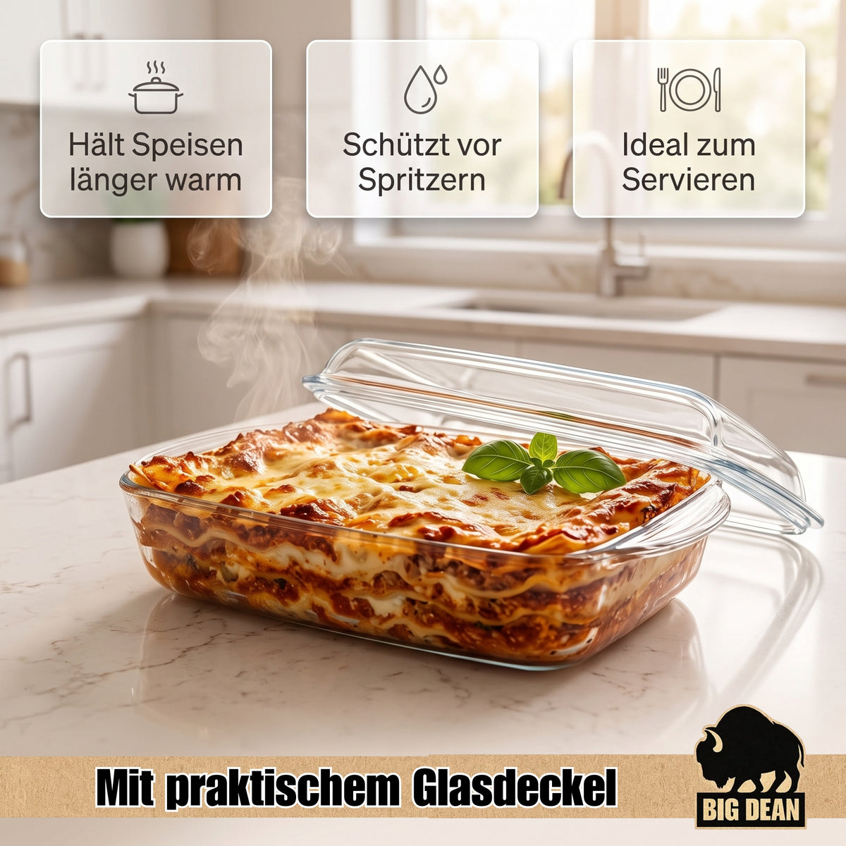 Auflaufform mit Deckel 3,95L – rechteckige Glasauflaufform, hitzebeständig & feuerfest – Ofenform für Lasagne, Fleisch & Aufläufe image 4