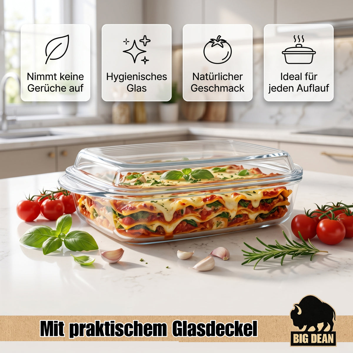 Auflaufform mit Deckel 3,95L – rechteckige Glasauflaufform, hitzebeständig & feuerfest – Ofenform für Lasagne, Fleisch & Aufläufe image 5
