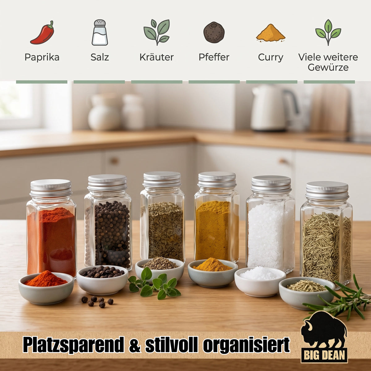 BigDean Gewürzgläser eckig luftdicht 24er Set Streueinsätze grob und fein image 6