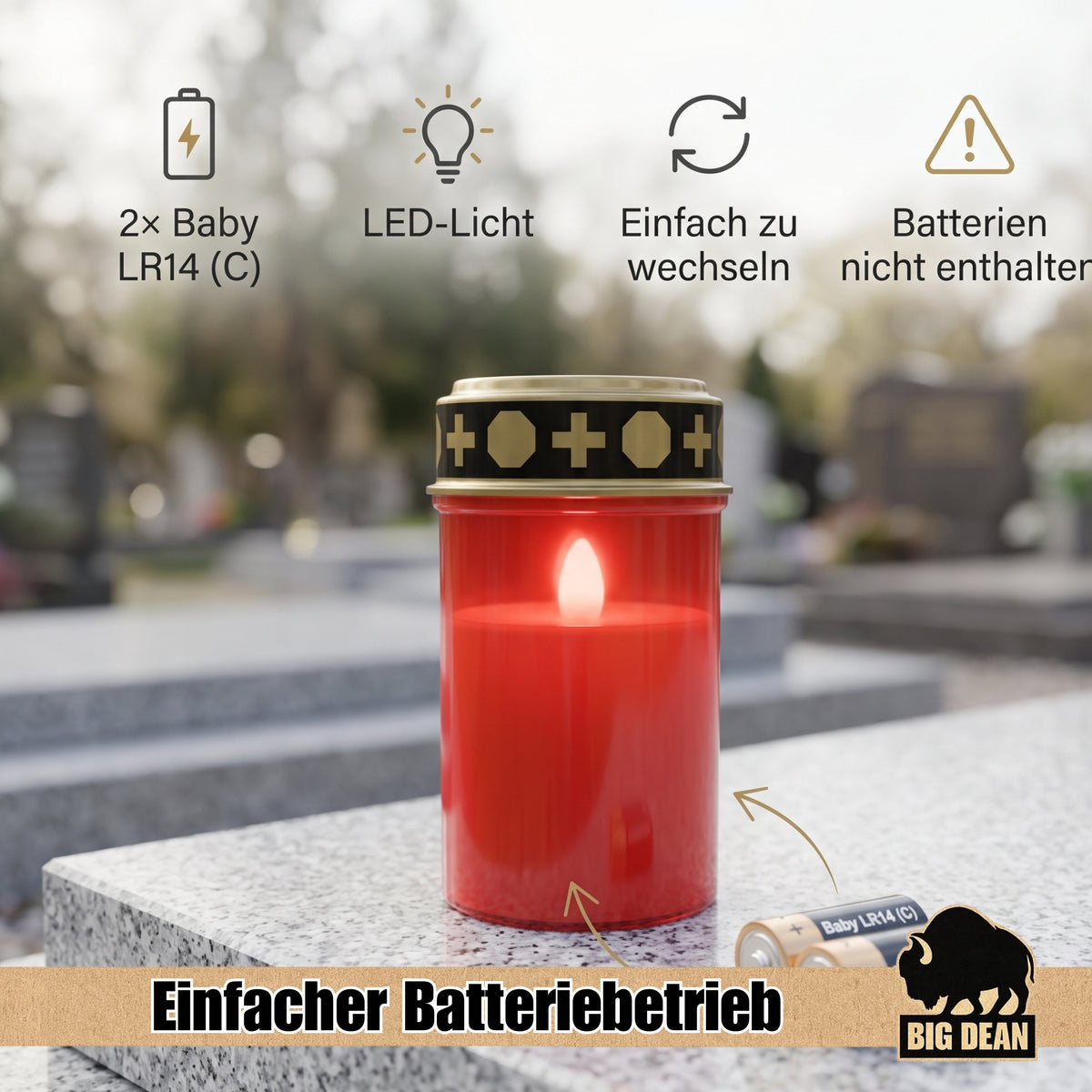 BigDean LED Grablicht 3er Set – Licht mit Flackereffekt wie echte Kerze – Wetterfest & Wiederverwendbar – Für Grab & Tiergedenken image 4