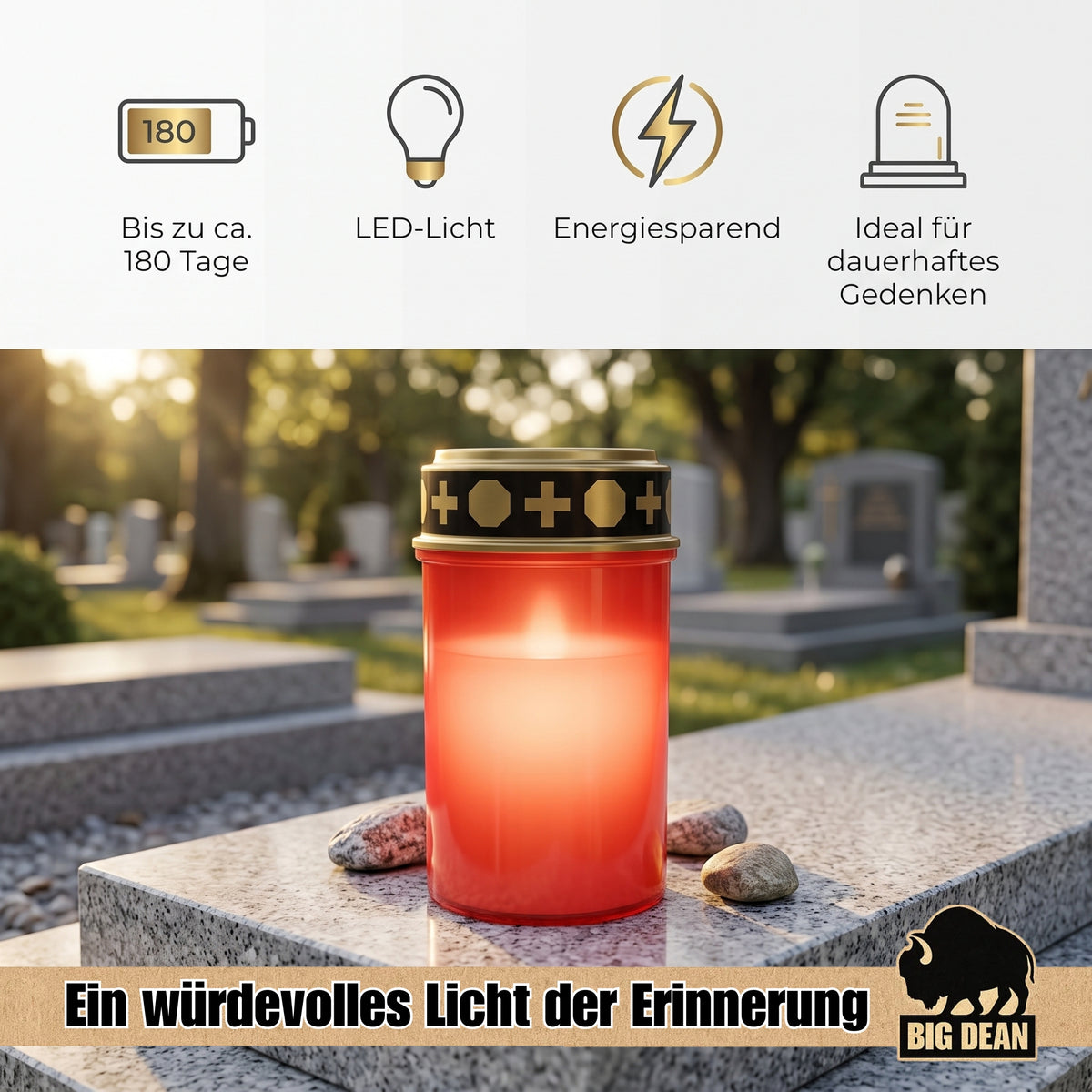 BigDean LED Grablicht 3er Set – Licht mit Flackereffekt wie echte Kerze – Wetterfest & Wiederverwendbar – Für Grab & Tiergedenken image 6
