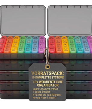 10 Stück Tablettenbox 7 Tage Vorteilspack Medikamentenbox | 7 Fächer mit je 4 Teilungen für Medikamente, Vitamine, Fischöl, Nahrungsergänzungsmittel, Privacy-Schutz in Schwarz