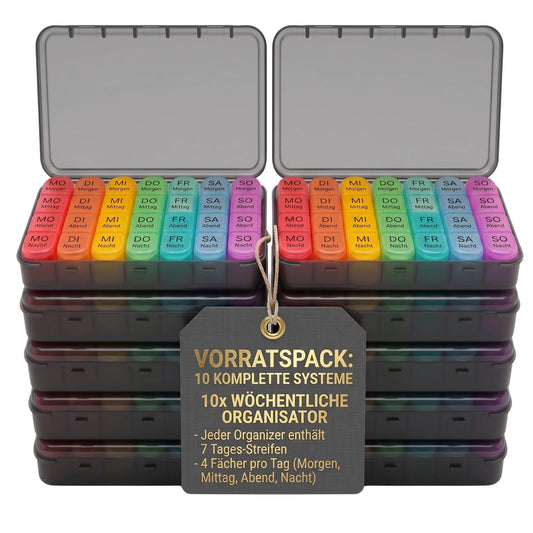10 Stück Tablettenbox 7 Tage Vorteilspack Medikamentenbox | 7 Fächer mit je 4 Teilungen für Medikamente, Vitamine, Fischöl, Nahrungsergänzungsmittel, Privacy-Schutz in Schwarz image 1