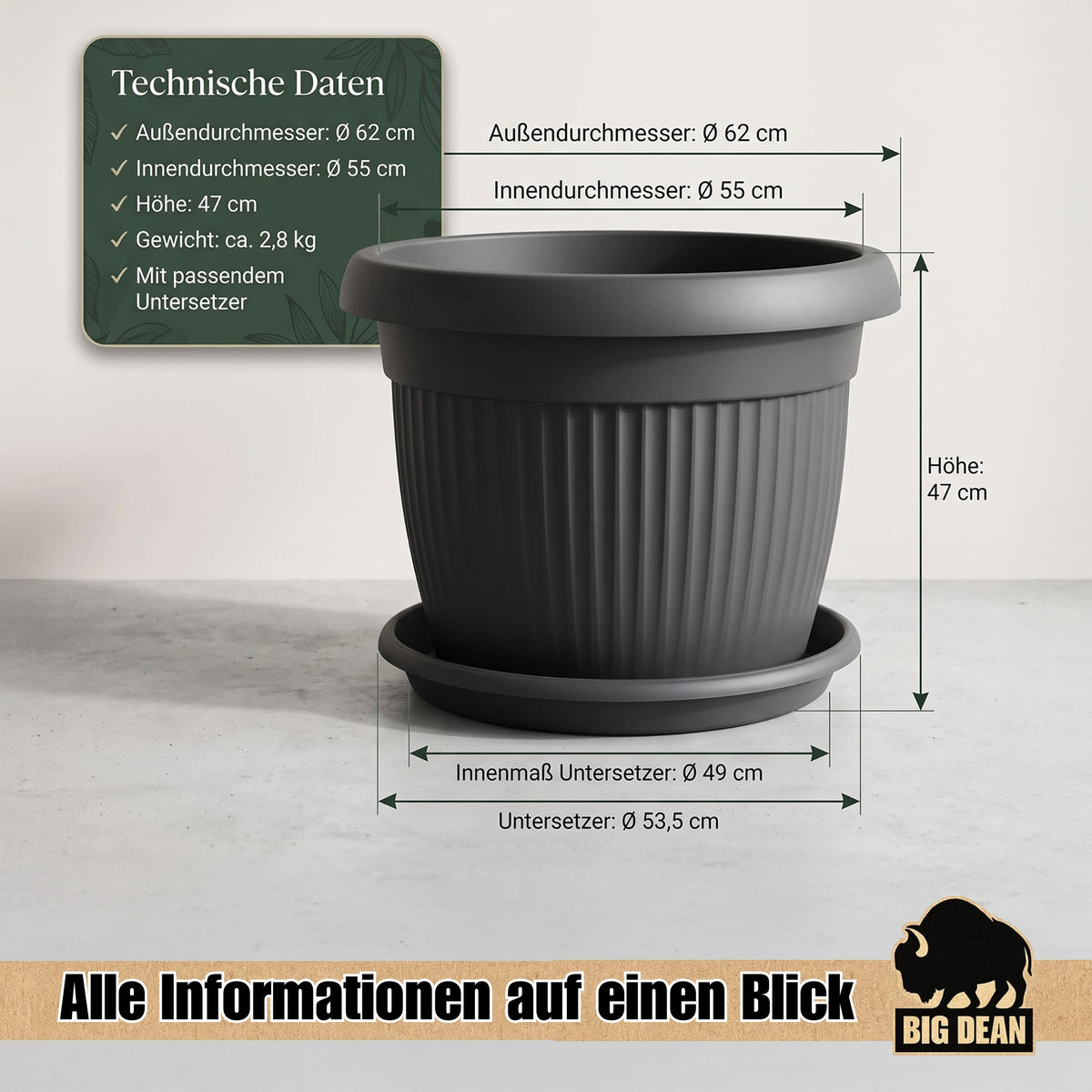 BigDean 62cm Blumentopf mit Untersetzer rund Anthrazit - wetterfester Pflanzkübel - Wasserablauf UV-beständig aus bruchsicherem Kunststoff - Innen + Außen geeignet - Made in Europe image 3
