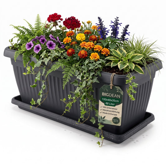 BigDean Blumenkübel Jumbo 100×40×35cm 88 Liter – Mediterranes Design inkl. Untersetzer – Anthrazit image 2