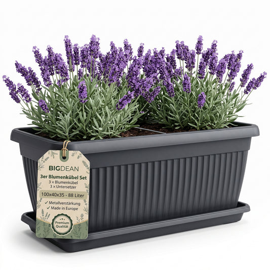 3er Pack BigDean Blumenkübel Jumbo 100×40×35cm 88 Liter – Mediterranes Design inkl. Untersetzer – Anthrazit image 2