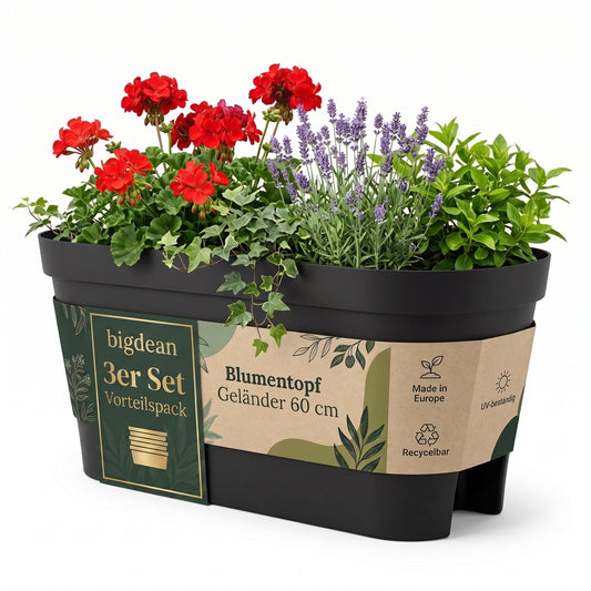 BigDean 3x Blumenkasten Balkongeländer 60cm Anthrazit | Balkonkasten inklusive Halterung, Blumentopf zum Aufhängen, Wasserablauf gegen Staunässe,Balkontopf, Geländertopf   image 1