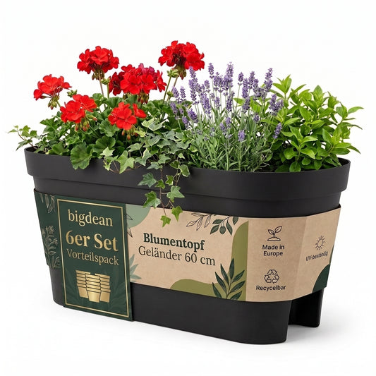 BigDean 6x Blumenkasten Balkongeländer 60cm Anthrazit | Balkonkasten inklusive Halterung, Blumentopf zum Aufhängen, Wasserablauf gegen Staunässe,Balkontopf, Geländertopf   image 1