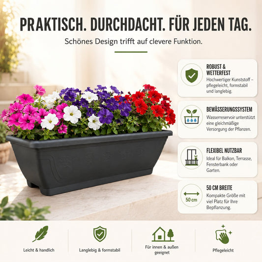 BigDean 1x Blumenkasten mit abnehmbarem Untersetzer - Anthrazit 50 cm lang aus bruchsicherem Kunststoff - Pflanzkasten mit Wasserspeicher für Innen- & Außenbereich geeignet - Made in Europe image 2