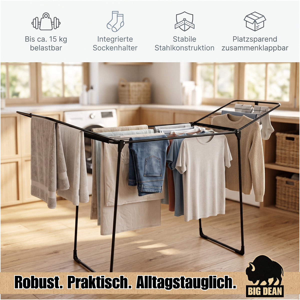 BigDean Wäscheständer 180 Schwarz 18m extra hoch für Lange Kleidungsstücke--- standfester Flügelwäschetrockner, drinnen und draußen nutzbar, klappbar, mit Schutzkappen an den Beinen, Wäschetrockner Ma image 2